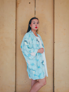 Blue Floral Abstract Mid-length Kimono