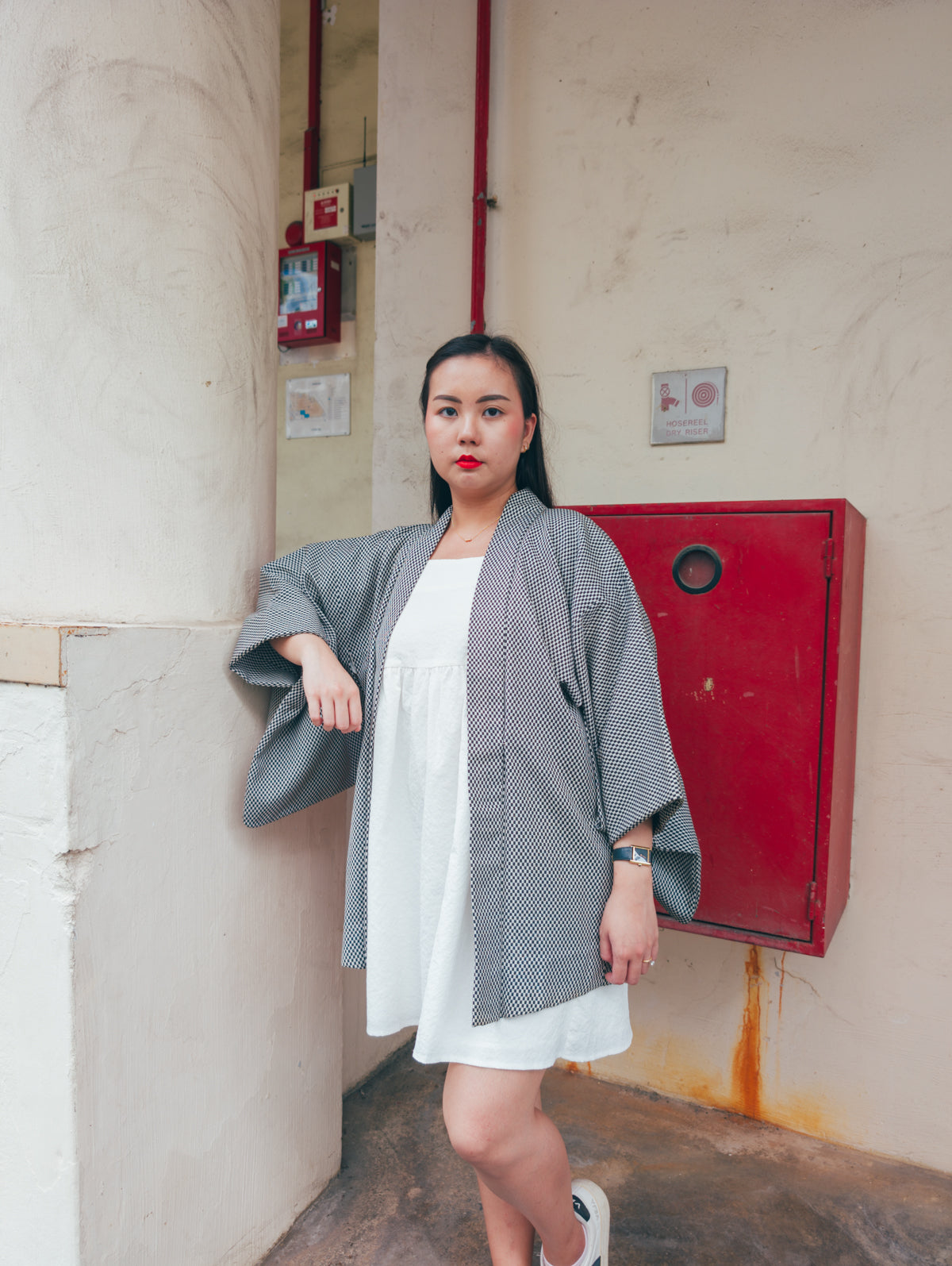 Black and White Checkered Short Kimono