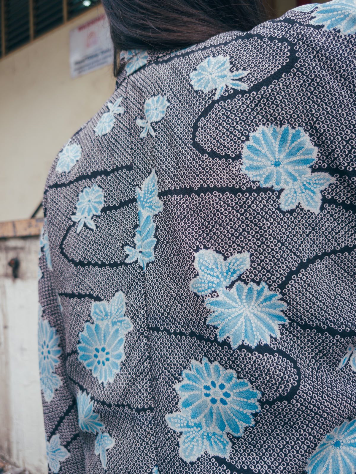 Blue Shibori Floral Cross Body Short Kimono