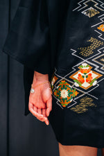 Load image into Gallery viewer, Syne Studio X Clink Clank Clunk: Black Floral Geometric Kimono &amp; Bracelet Set
