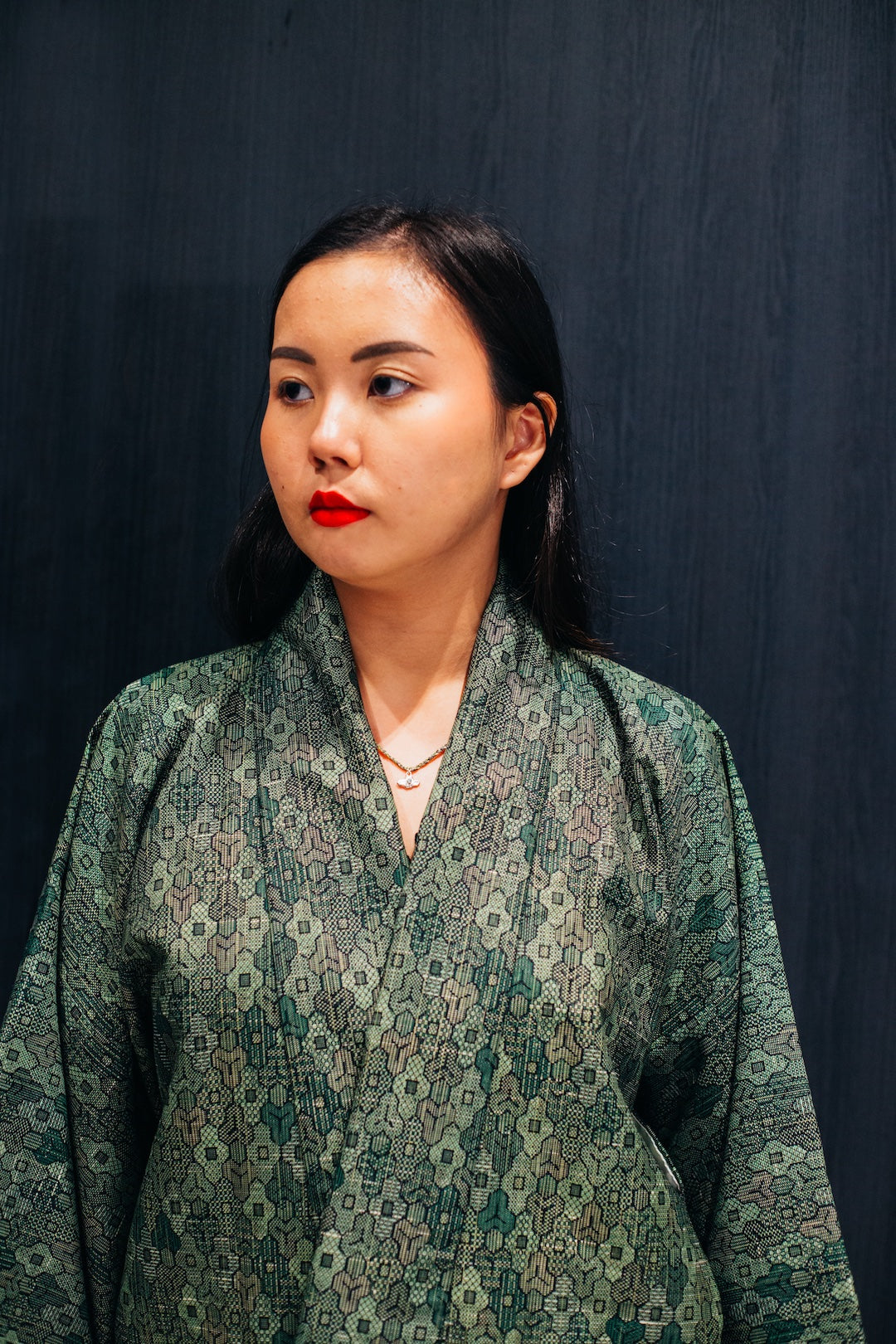 Syne Studio X Clink Clank Clunk: Green Geometric Kimono & Necklace Set