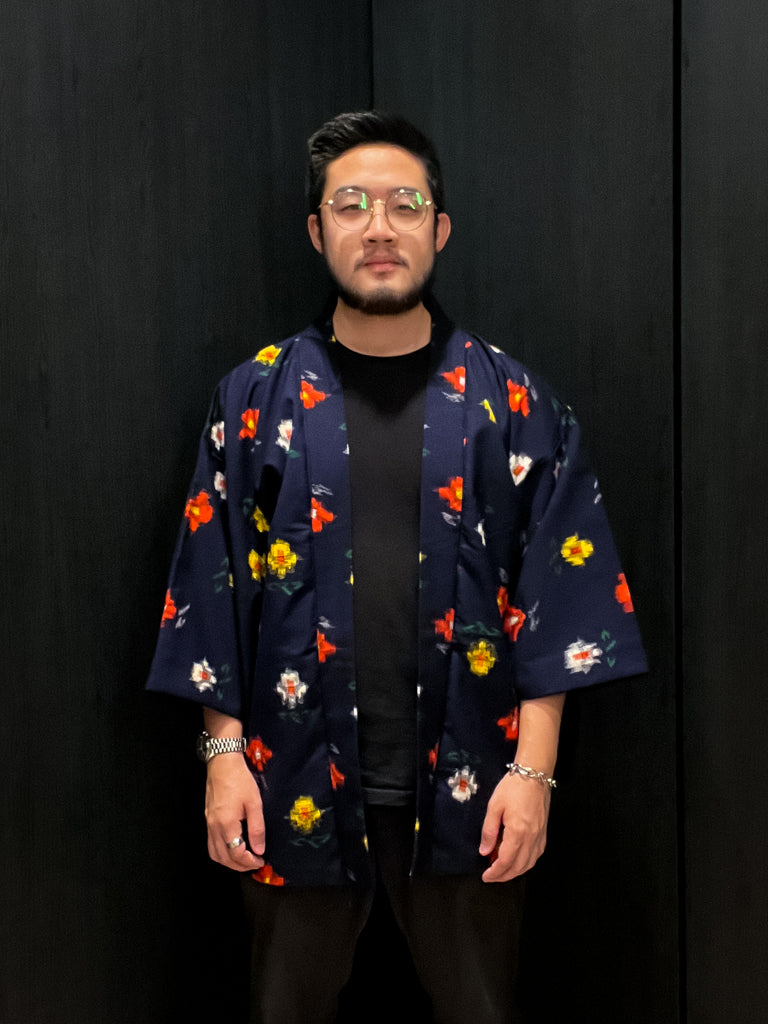 Blue Abstract Flowers Short Kimono