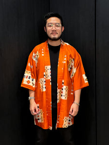 Orange Abstract Flowers Mid Length Kimono