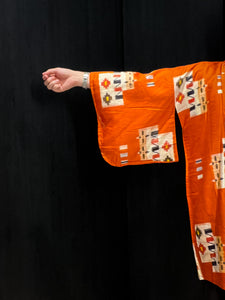 Orange Abstract Flowers Mid Length Kimono